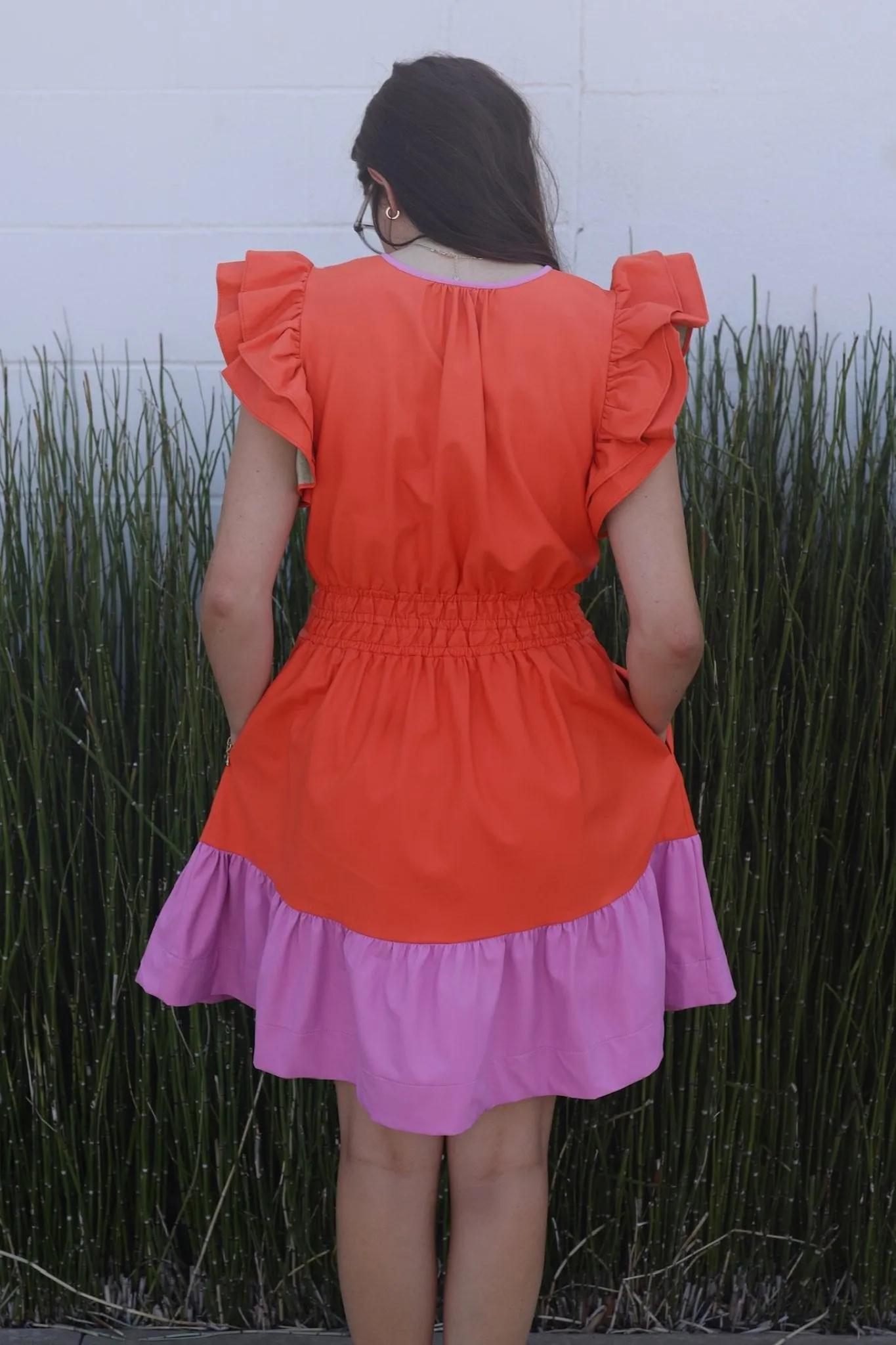 Smocked Waist Leather Dress in Orange