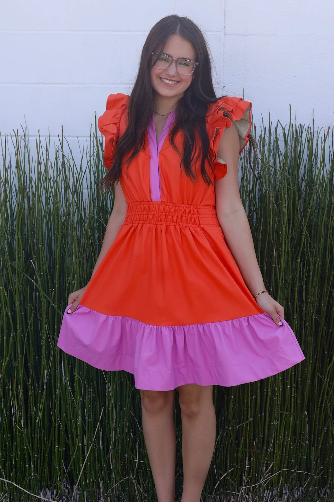 Smocked Waist Leather Dress in Orange