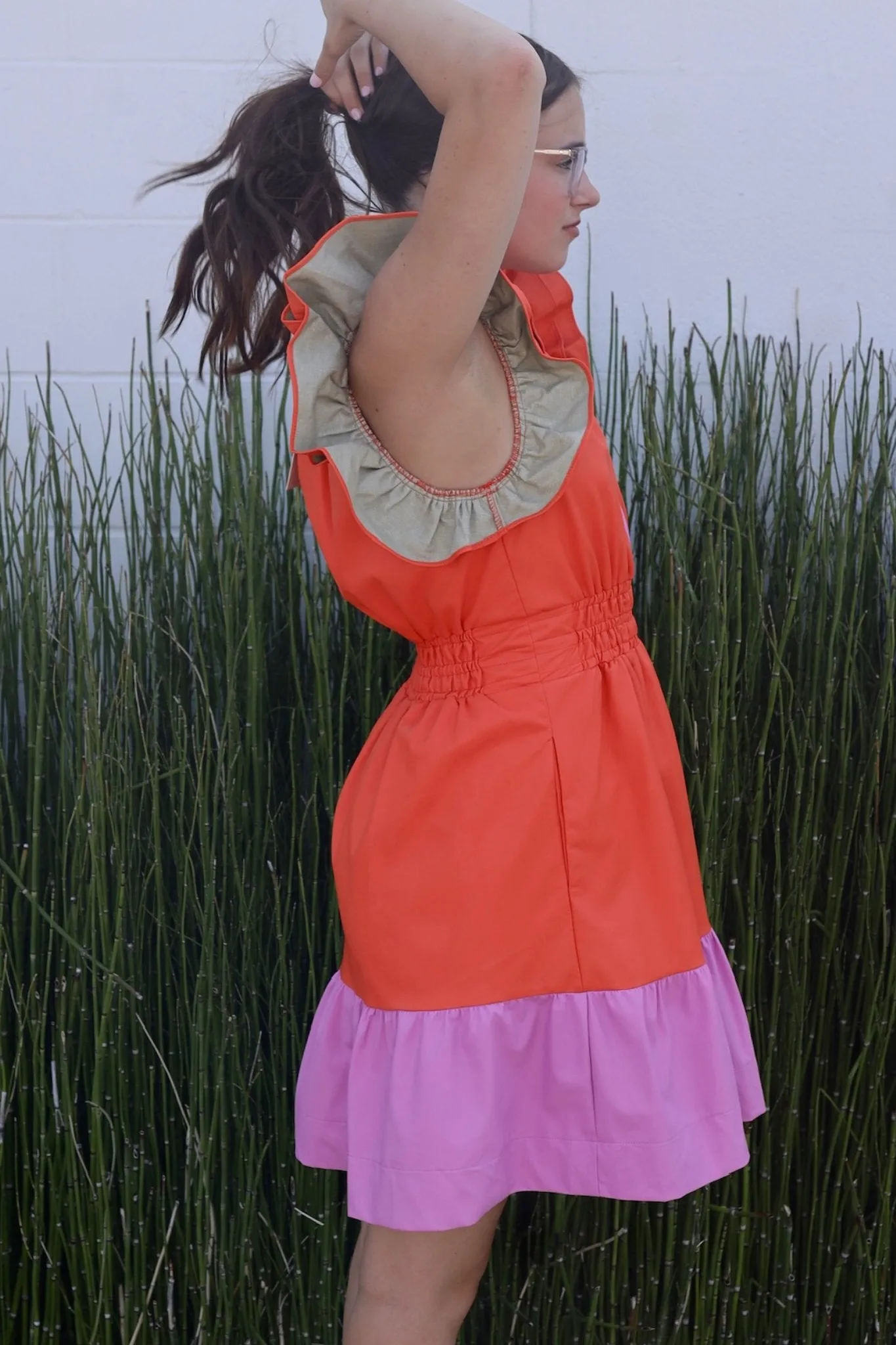 Smocked Waist Leather Dress in Orange