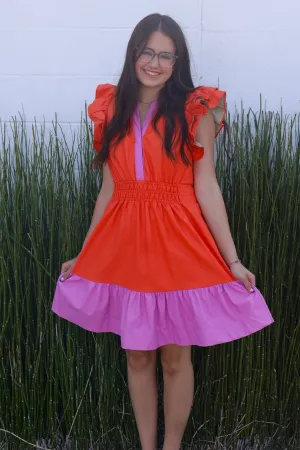 Smocked Waist Leather Dress in Orange