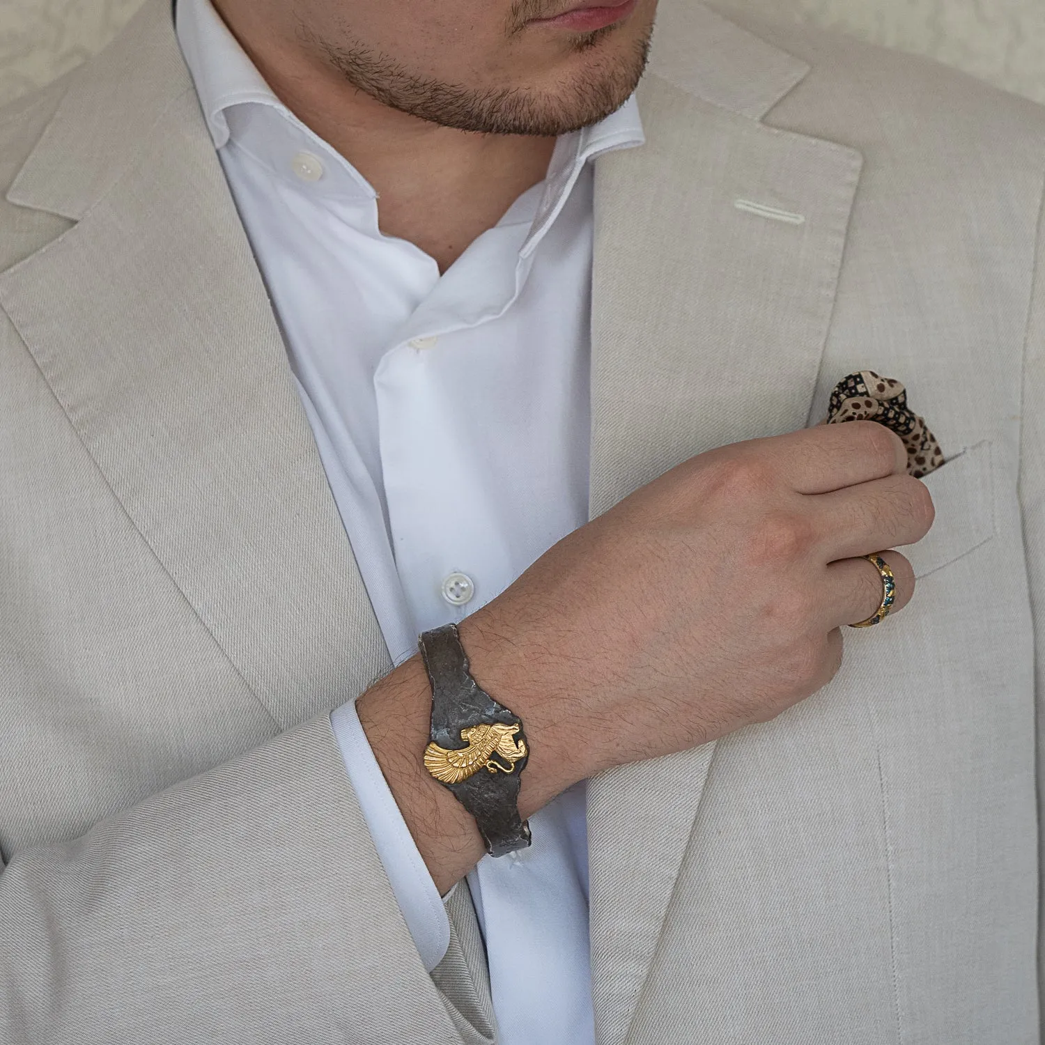 Solid Gold Lion Design Sterling Silver Cuff Bracelet