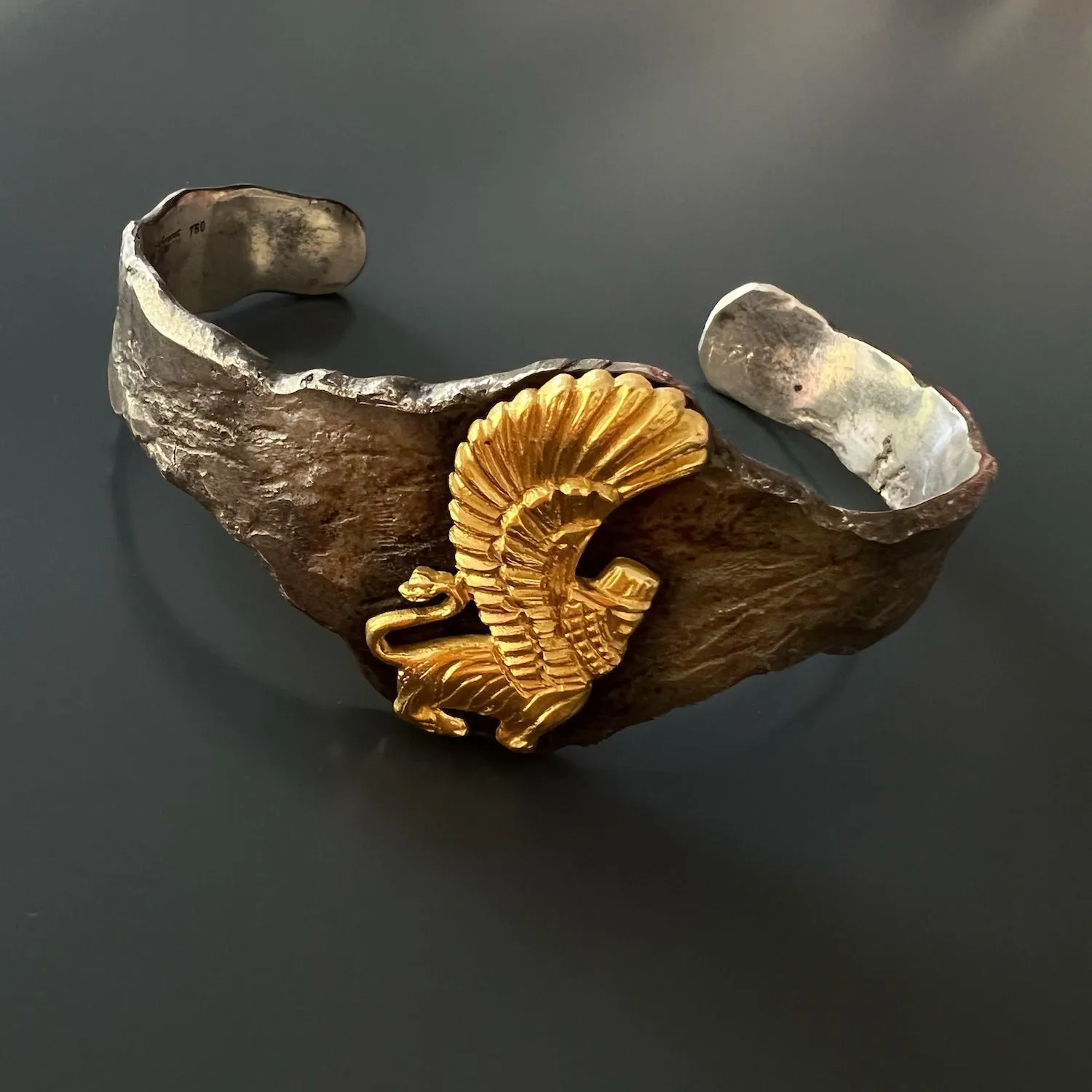 Solid Gold Lion Design Sterling Silver Cuff Bracelet
