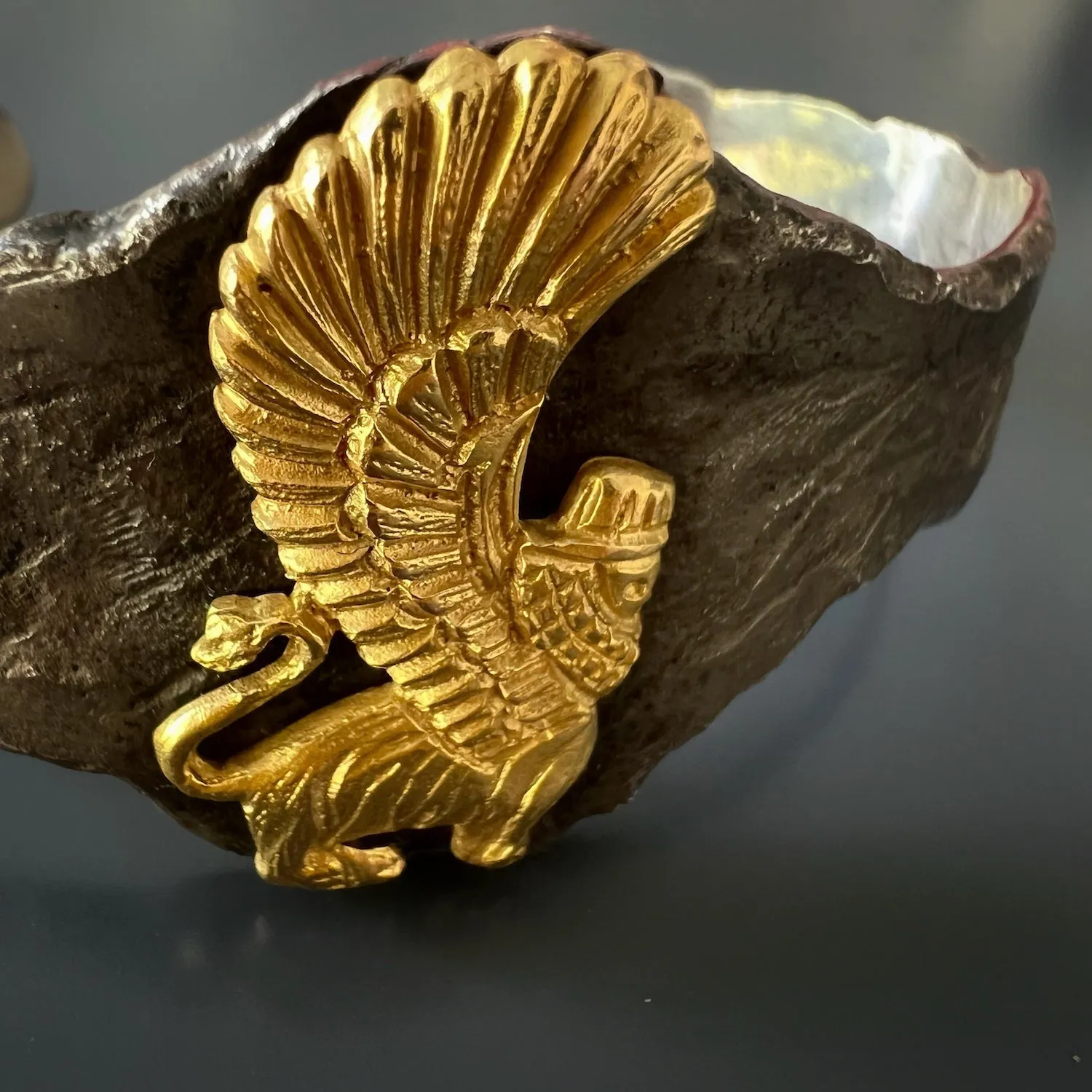 Solid Gold Lion Design Sterling Silver Cuff Bracelet