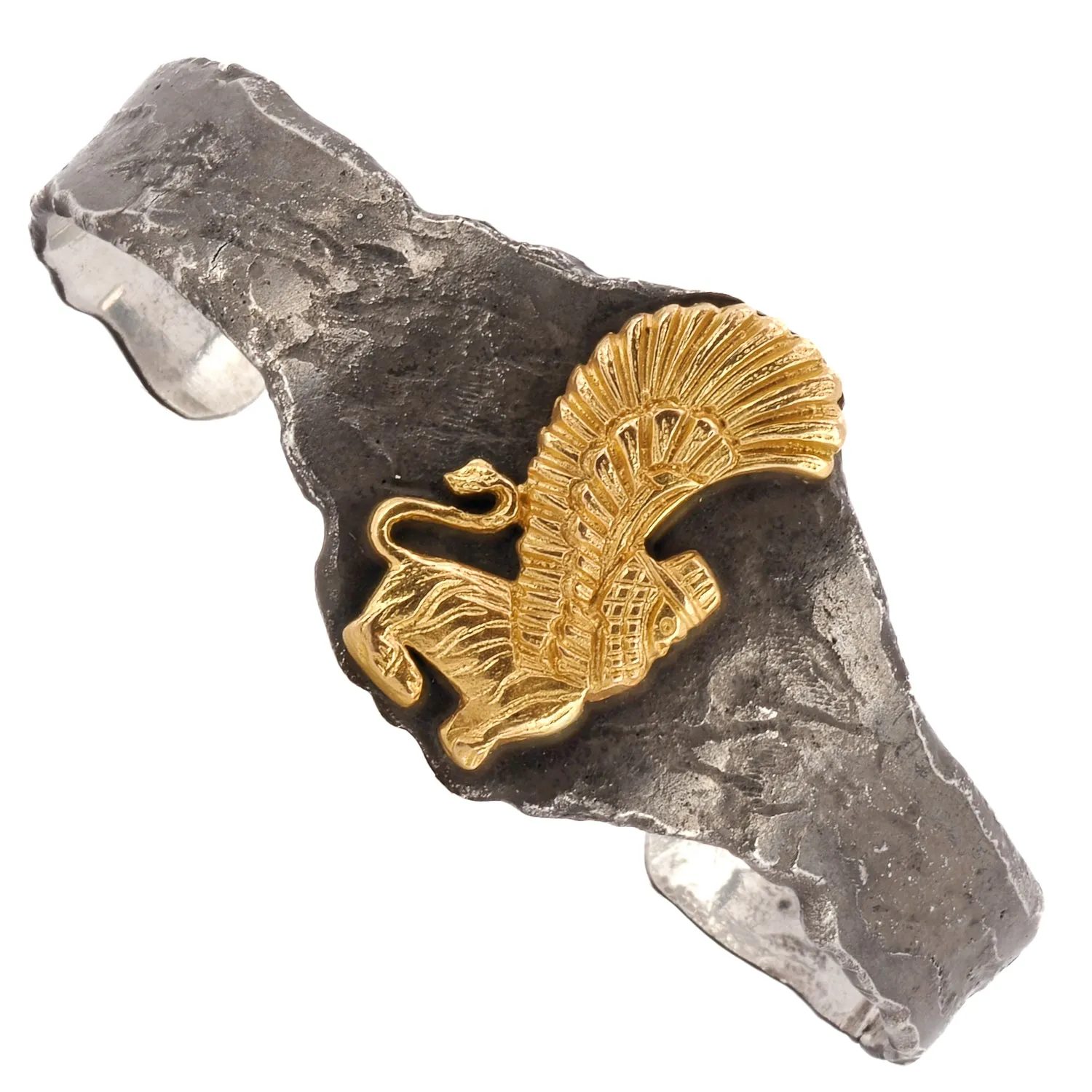 Solid Gold Lion Design Sterling Silver Cuff Bracelet