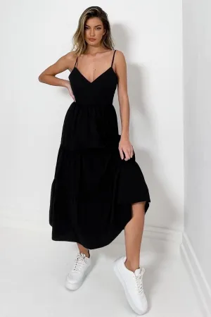 Spaghetti Strap Plunge Neck Black Midaxi Dress