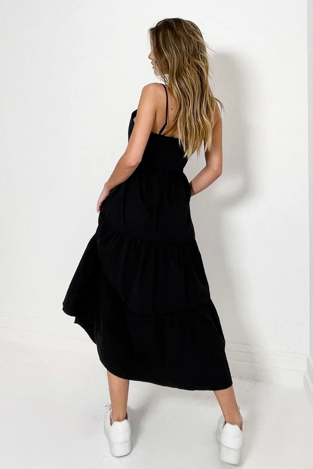 Spaghetti Strap Plunge Neck Black Midaxi Dress