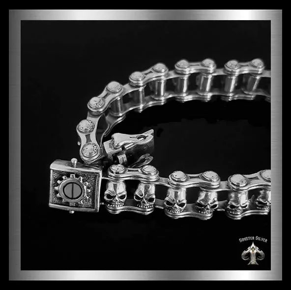Sterling Silver Motorcycle Chain Skull Biker Bracelet