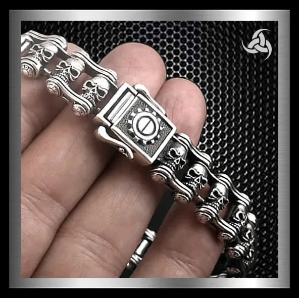 Sterling Silver Motorcycle Chain Skull Biker Bracelet