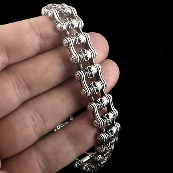 Sterling Silver Motorcycle Chain Skull Biker Bracelet