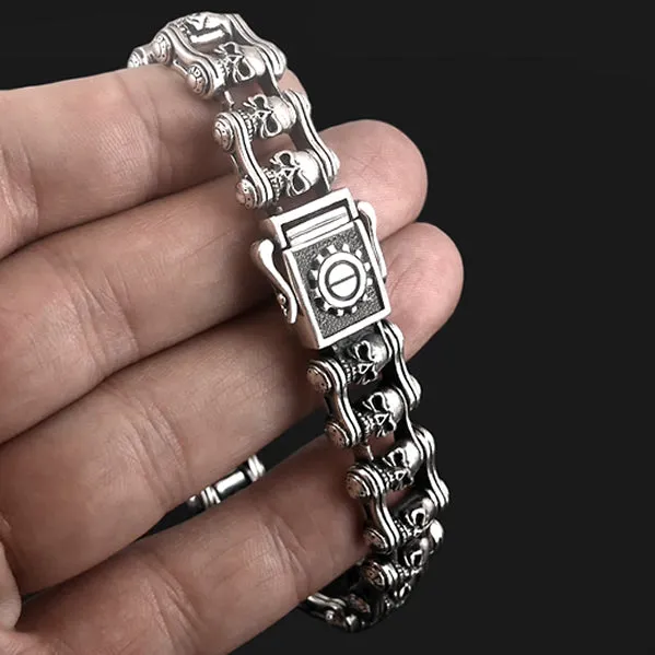 Sterling Silver Motorcycle Chain Skull Biker Bracelet