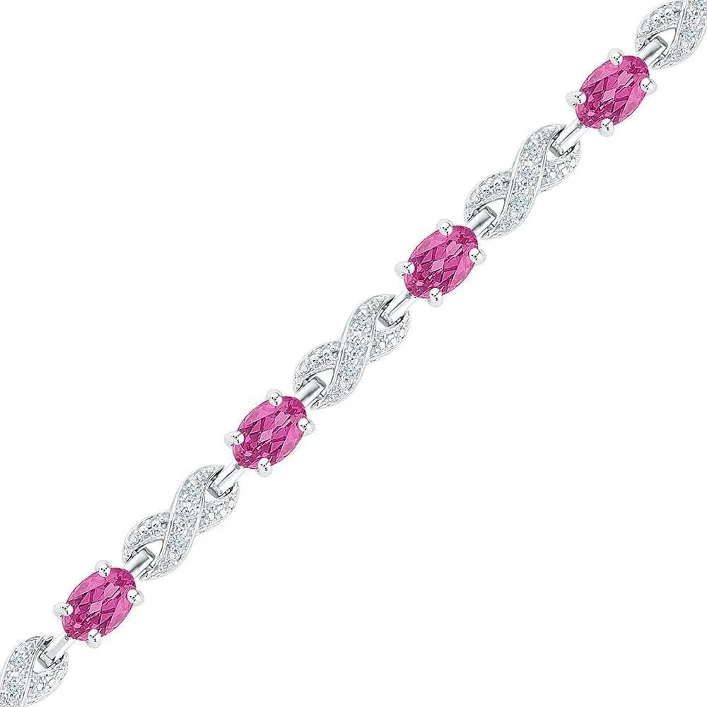 Sterling Silver Womens Oval Lab-Created Pink Sapphire Fashion Bracelet 5-1/3 Cttw