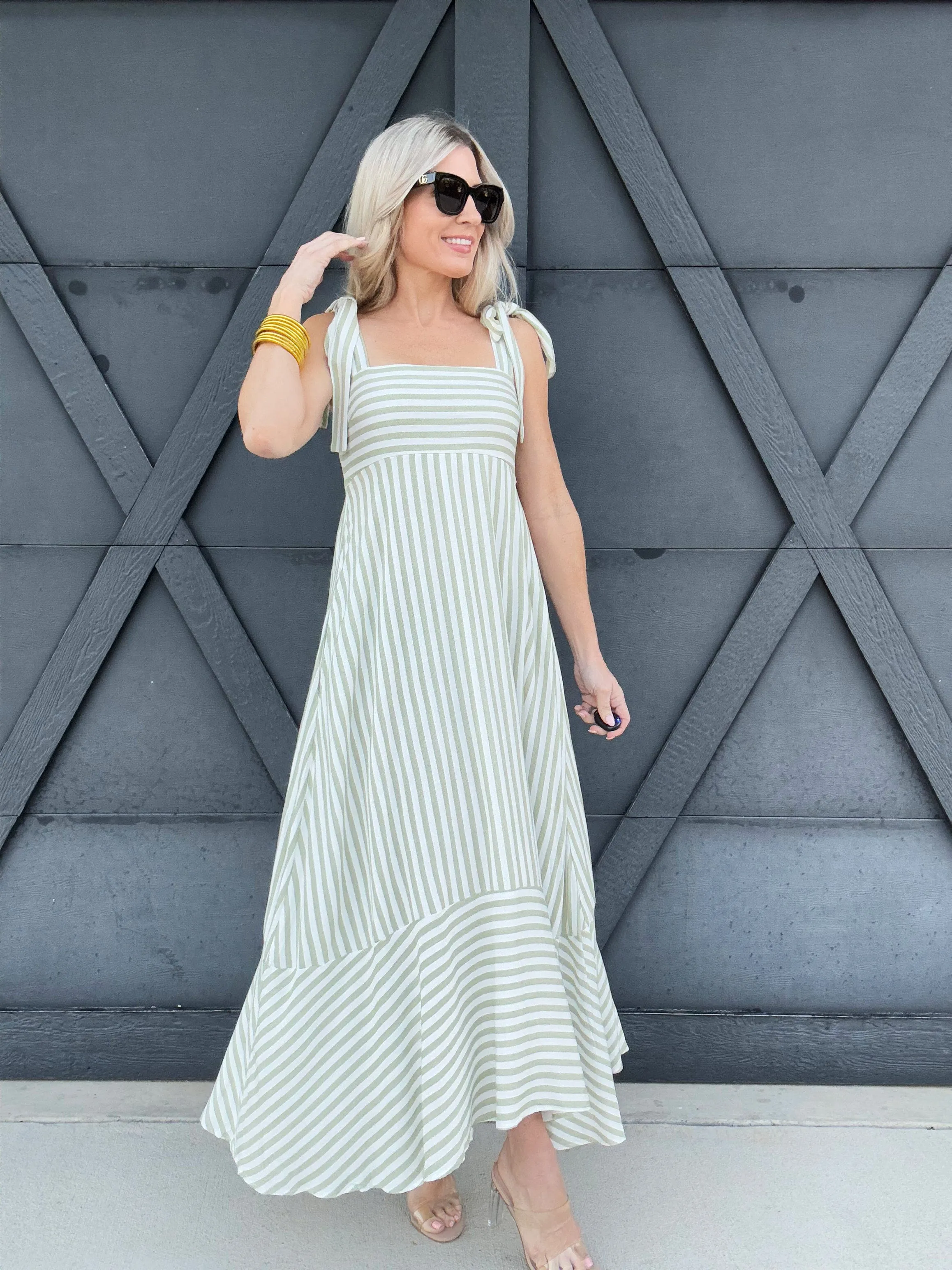 Striped Shoulder Tie Strap Midi Dress In Olive