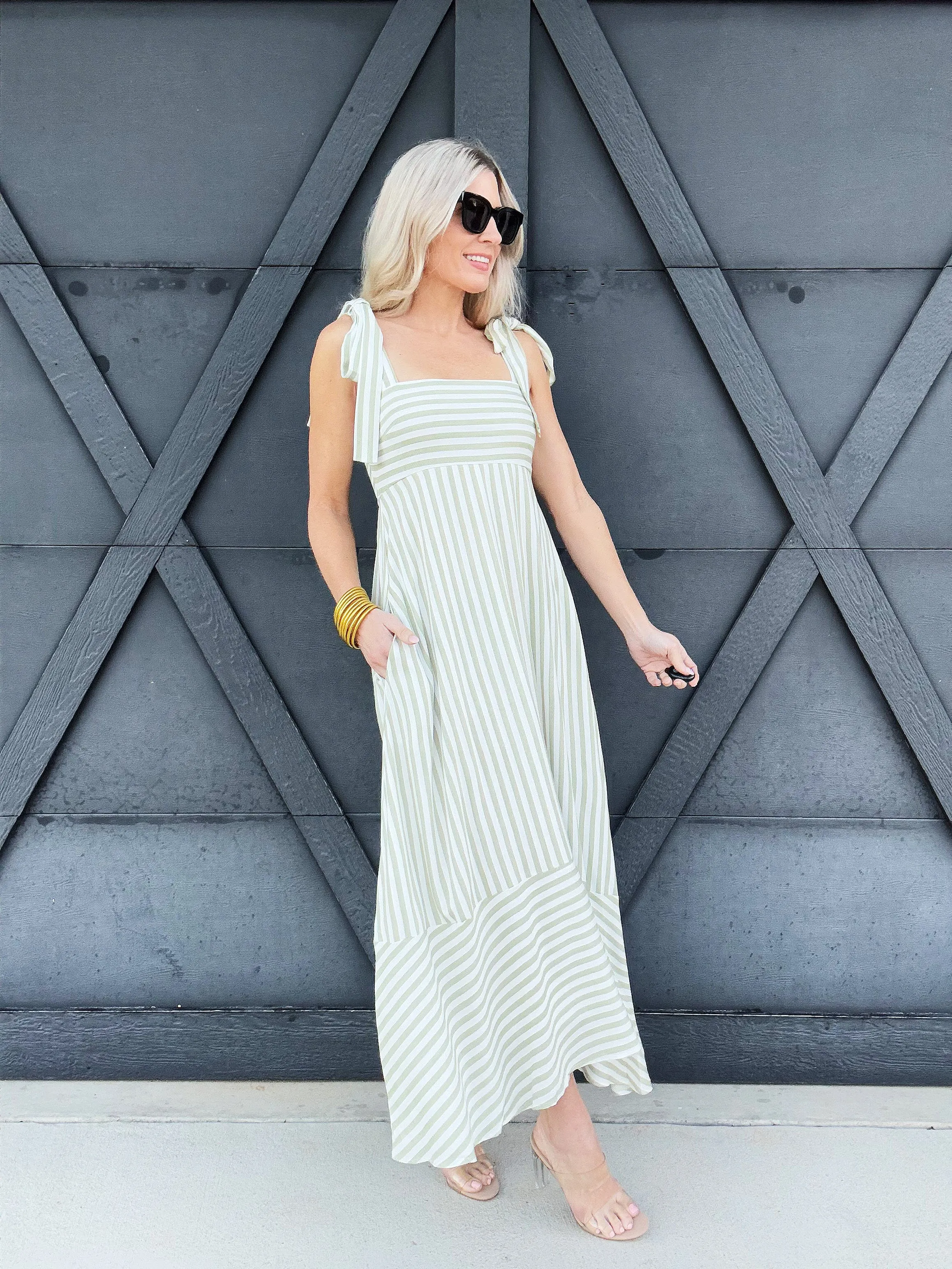 Striped Shoulder Tie Strap Midi Dress In Olive