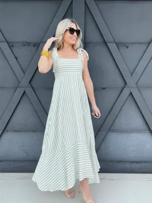 Striped Shoulder Tie Strap Midi Dress In Olive