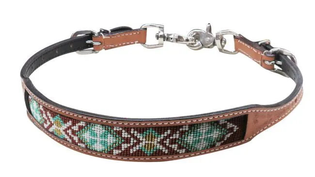 Tan Leather, Teal and Brown Beaded Wither Strap