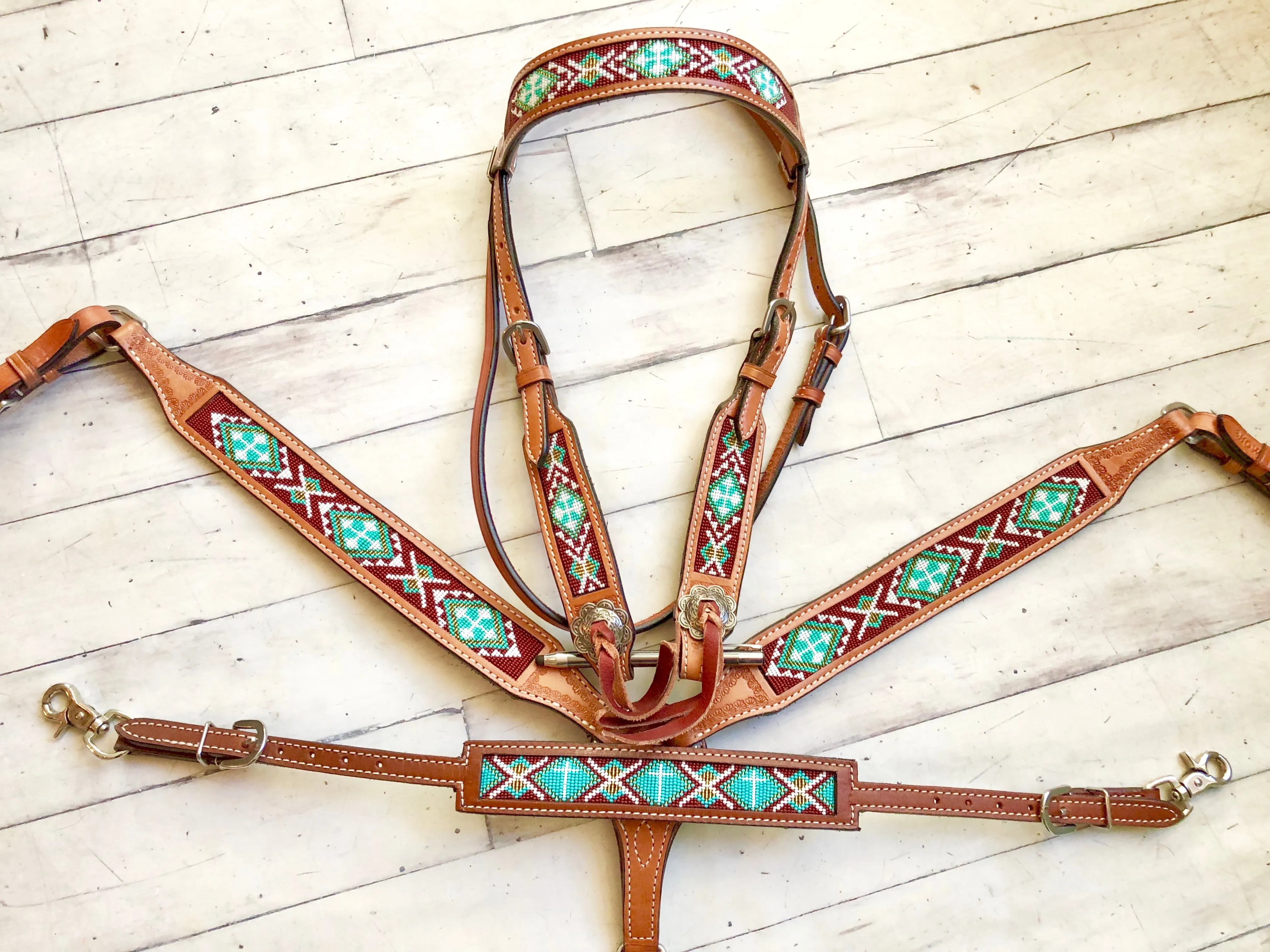 Teal & Brown Beaded Inset Tack Set