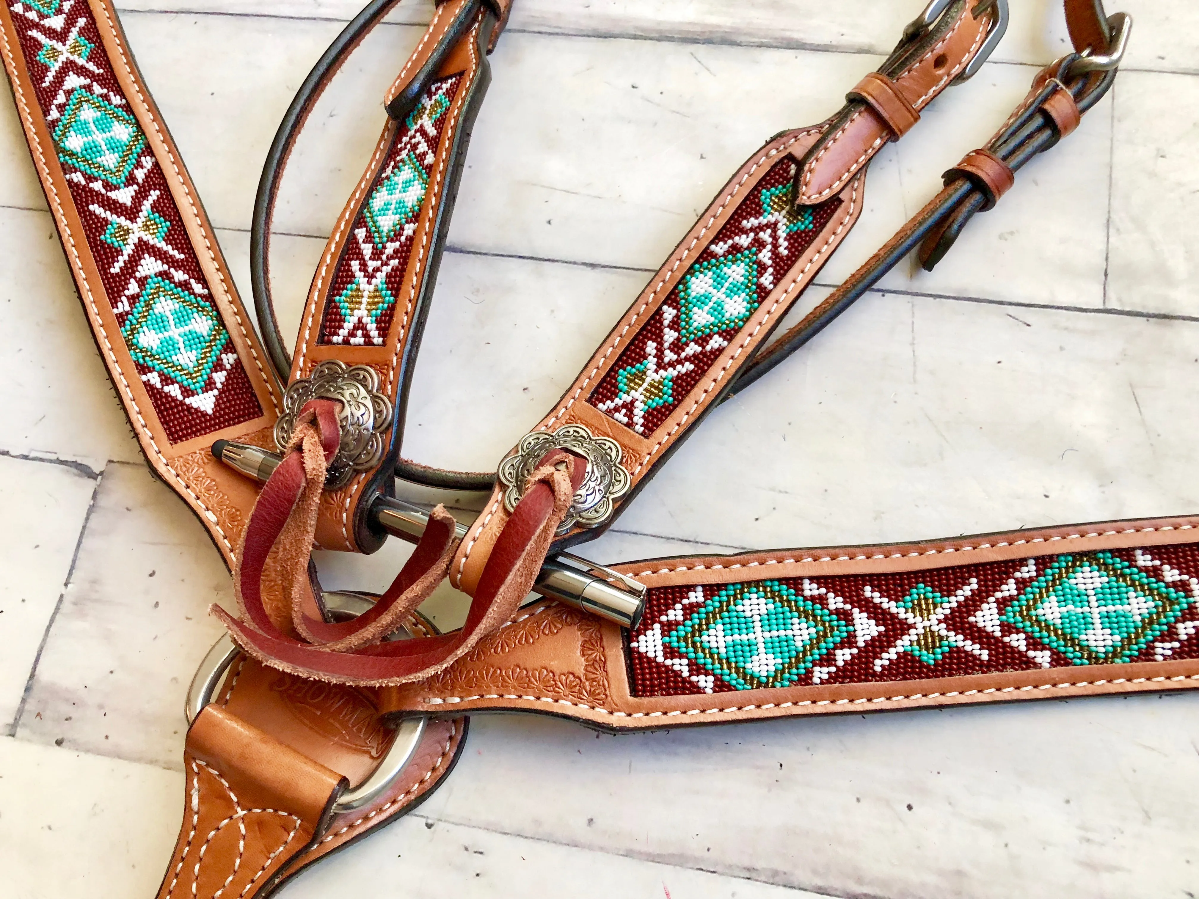 Teal & Brown Beaded Inset Tack Set
