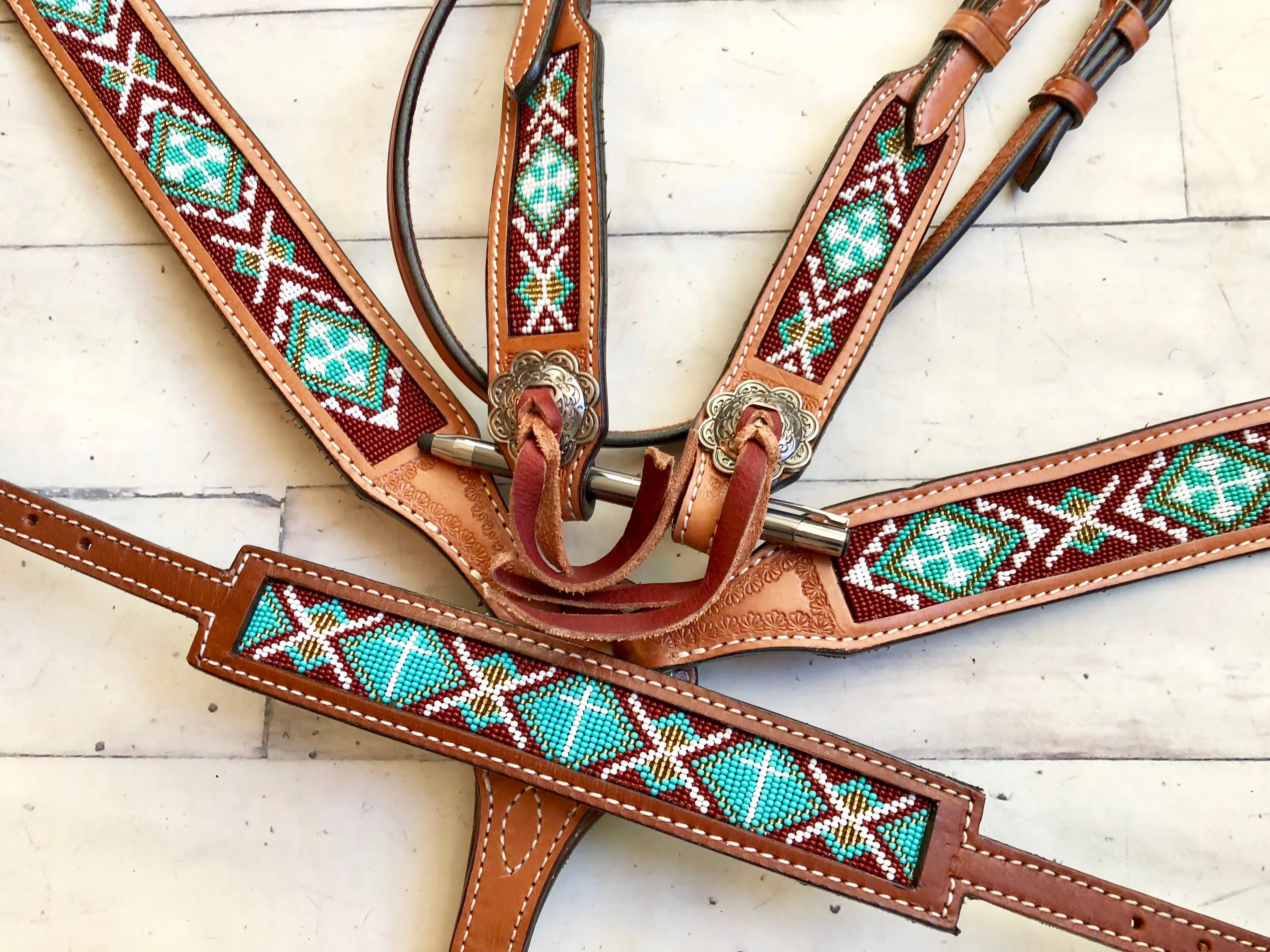 Teal & Brown Beaded Inset Tack Set