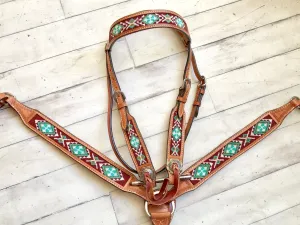 Teal & Brown Beaded Inset Tack Set