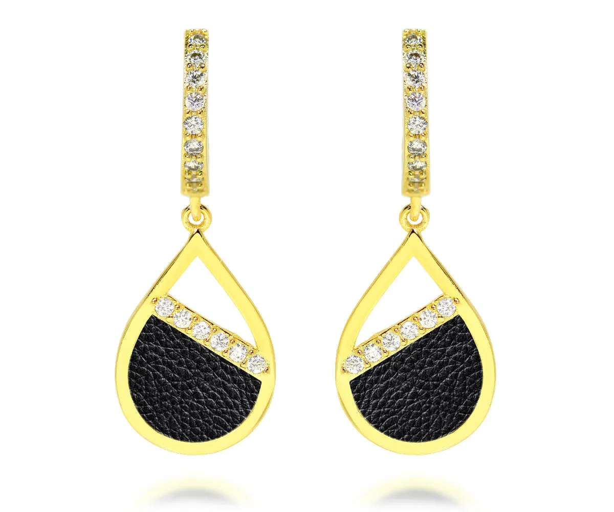 Teardrop Leather Inlay Gold Earrings