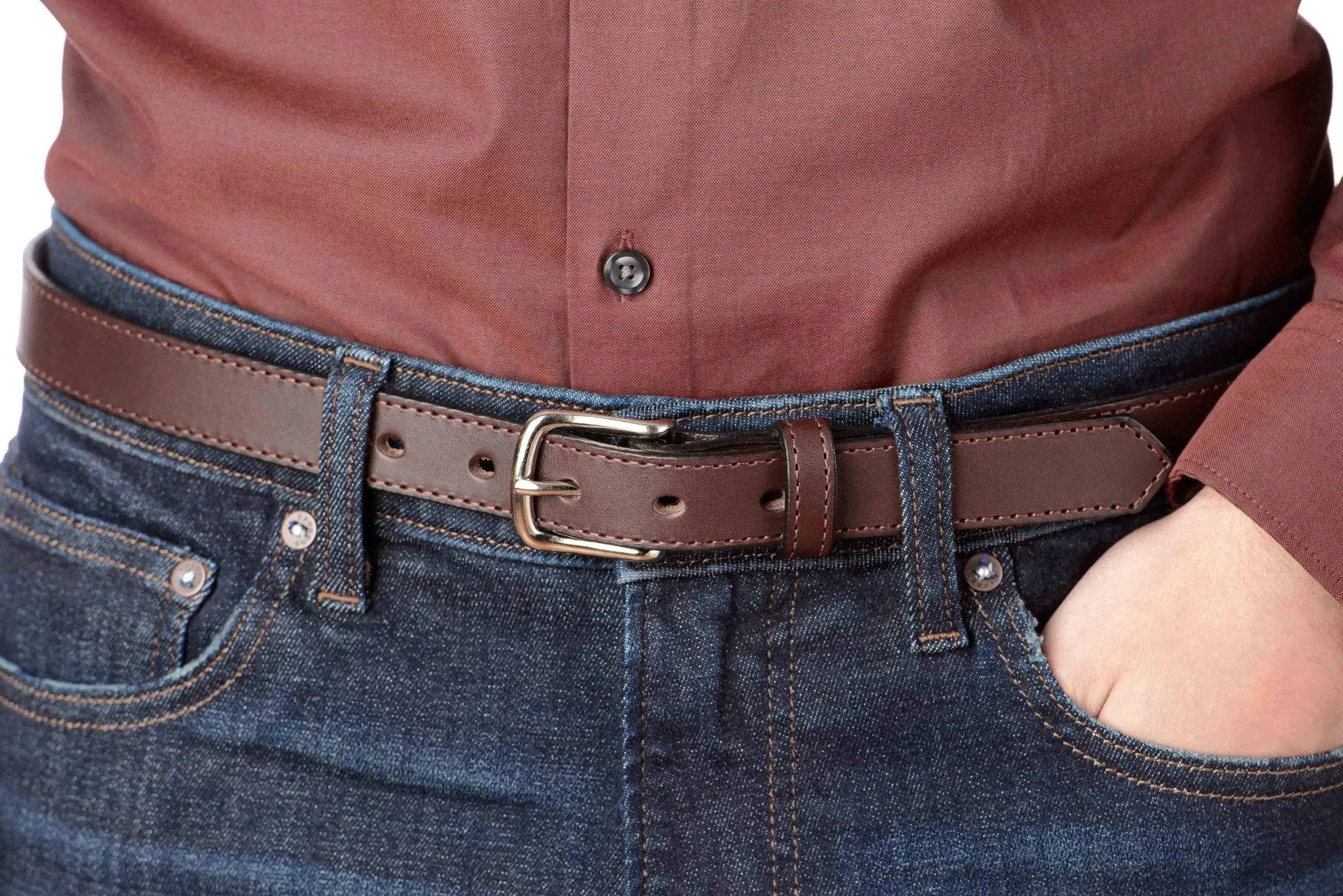 The Colt: Brown Stitched Leather Belt Petite Width 1.00"