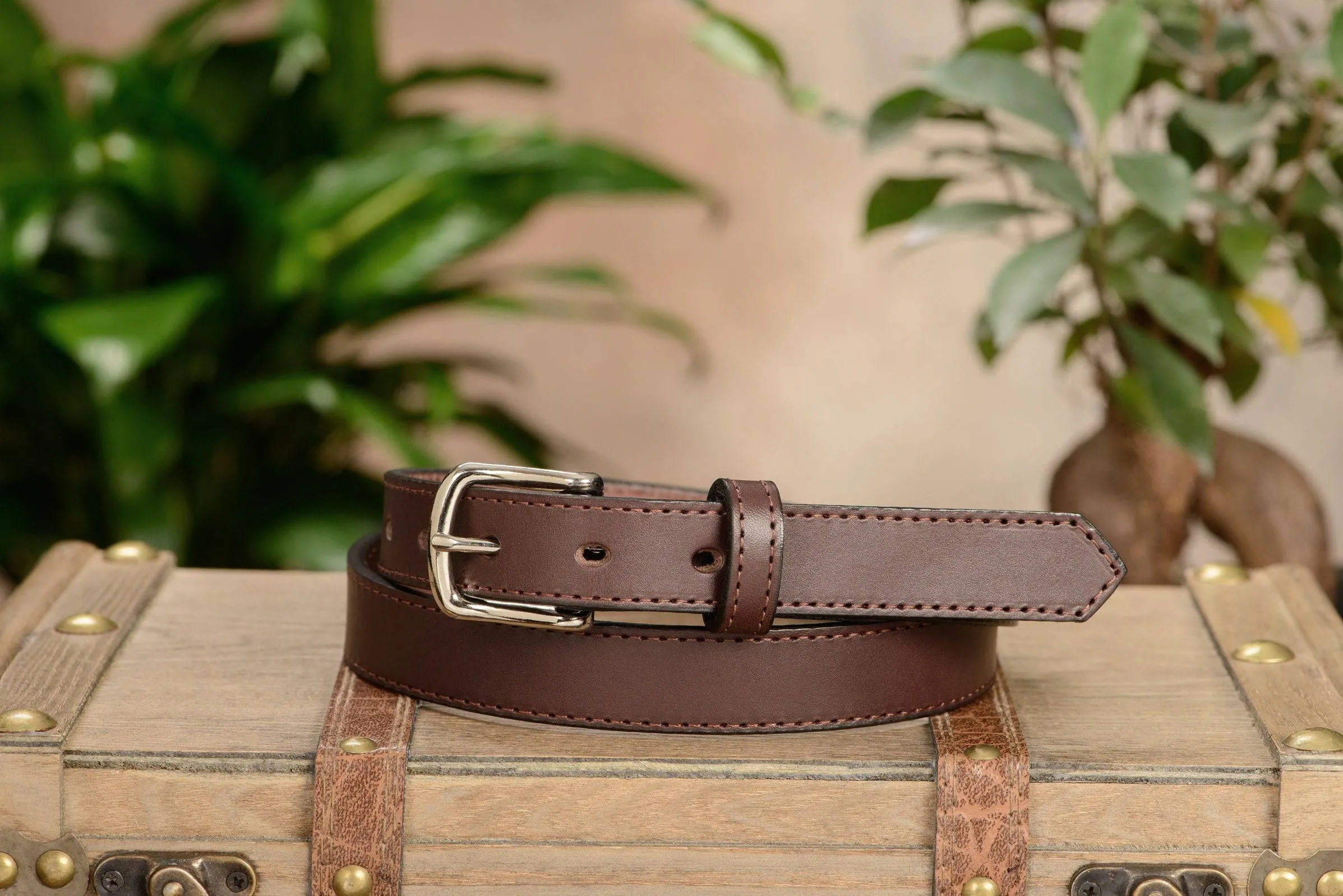 The Colt: Brown Stitched Leather Belt Petite Width 1.00"