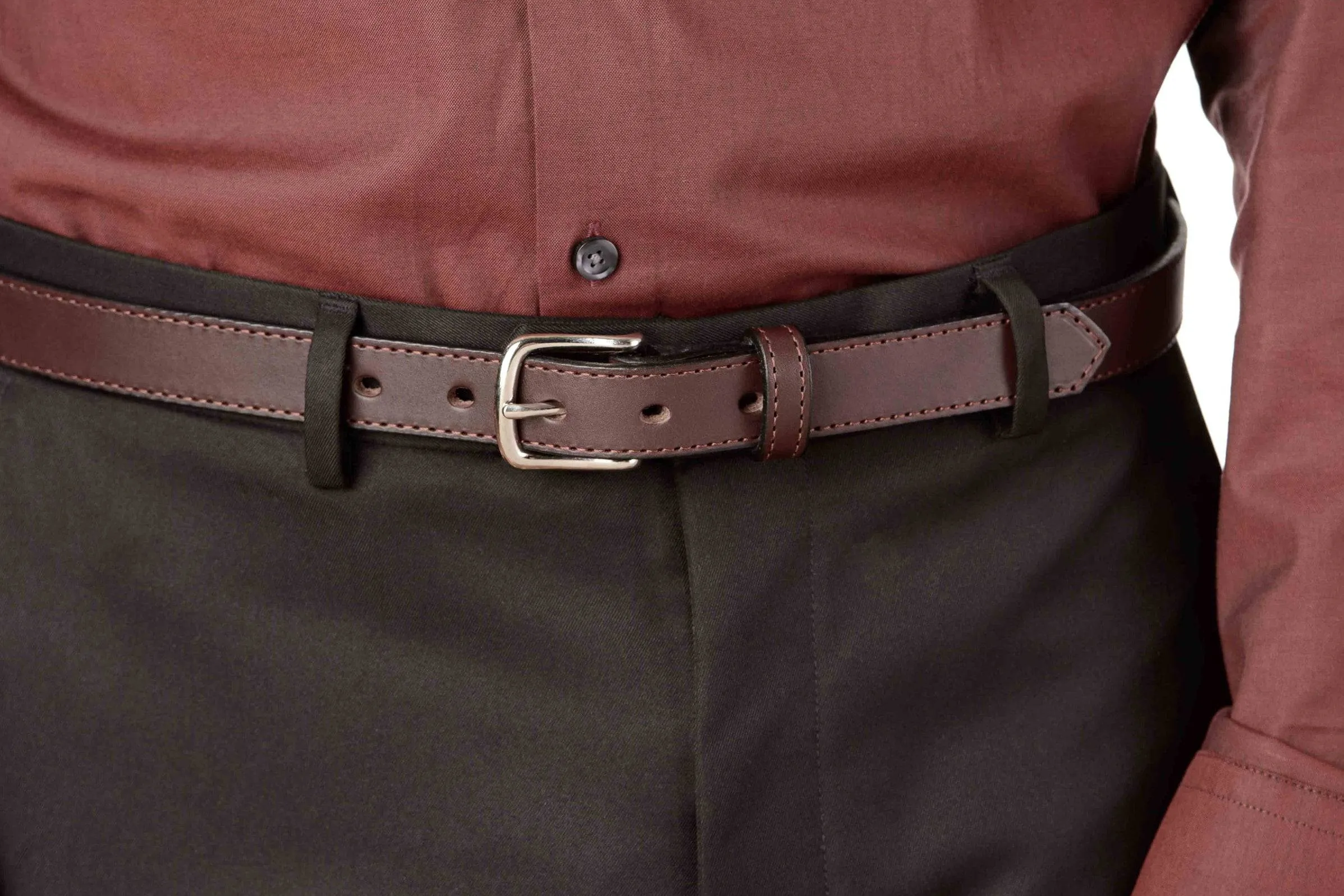 The Colt: Brown Stitched Leather Belt Petite Width 1.00"