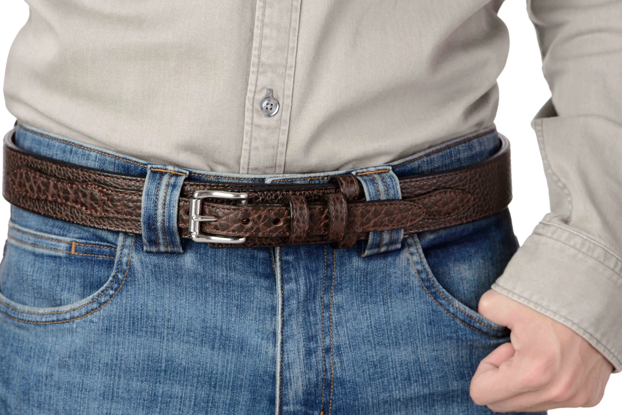The Forester: Men's Brown Stitched American Bison Ranger Leather Belt 1.50"