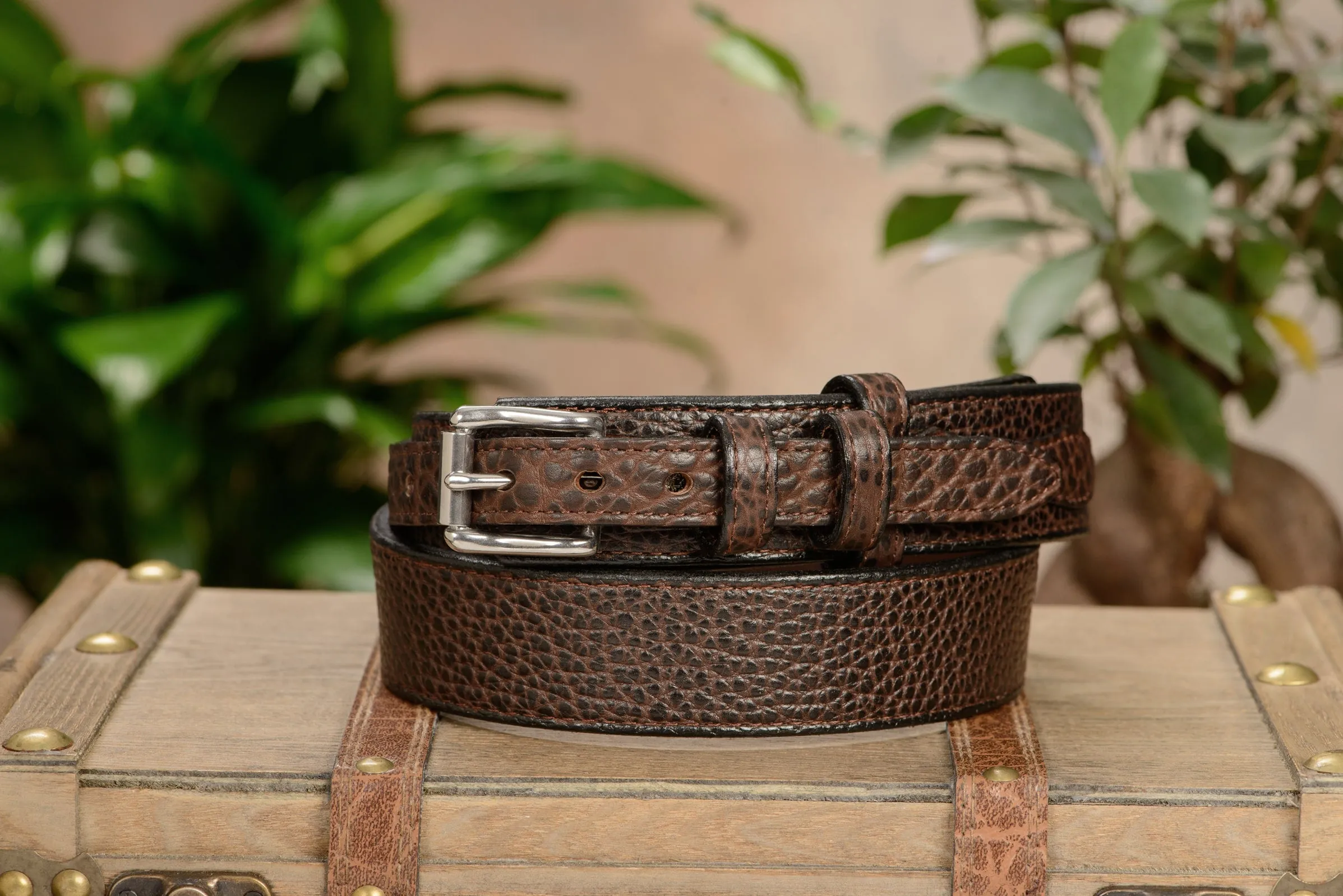 The Forester: Men's Brown Stitched American Bison Ranger Leather Belt 1.50"