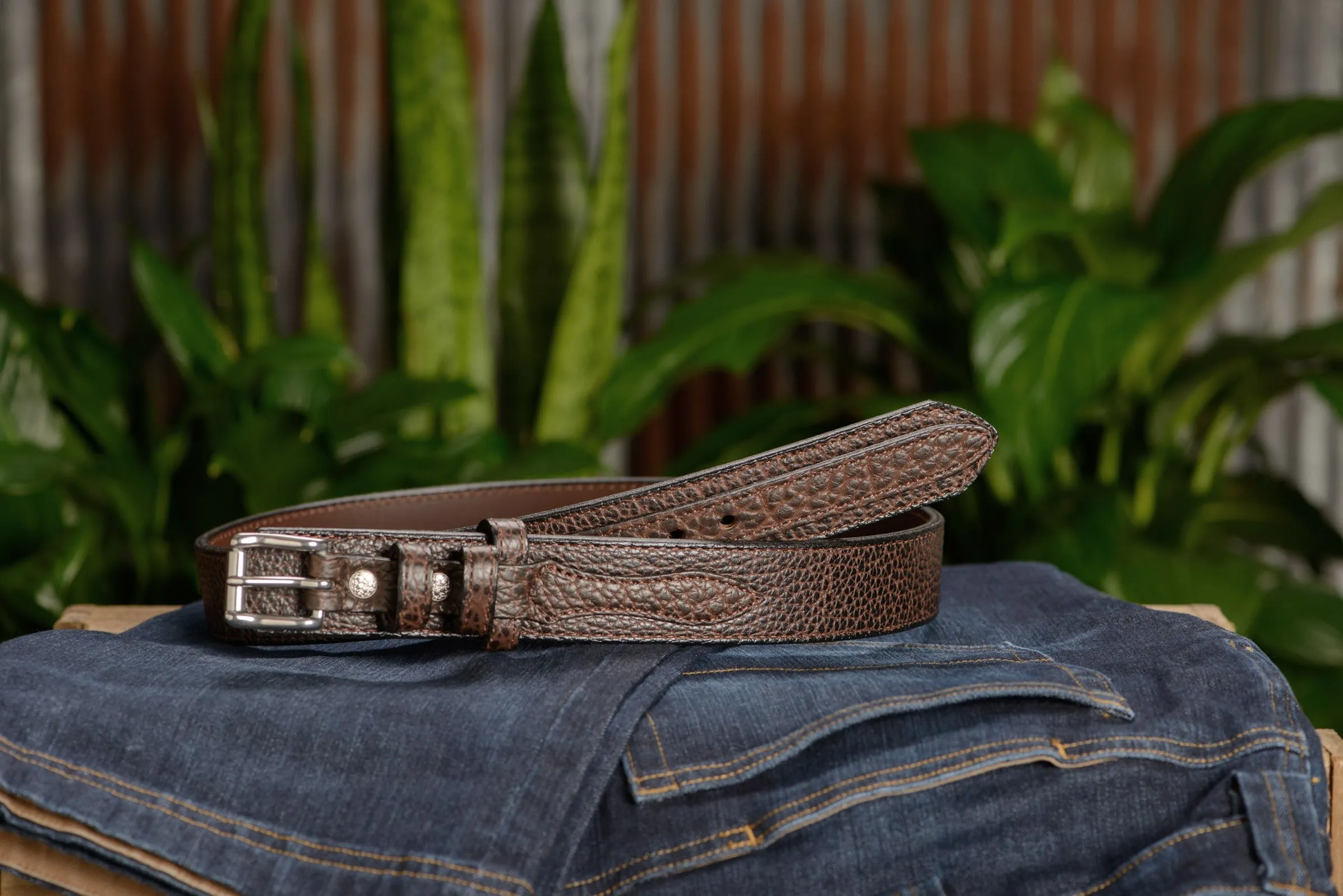The Forester: Men's Brown Stitched American Bison Ranger Leather Belt 1.50"