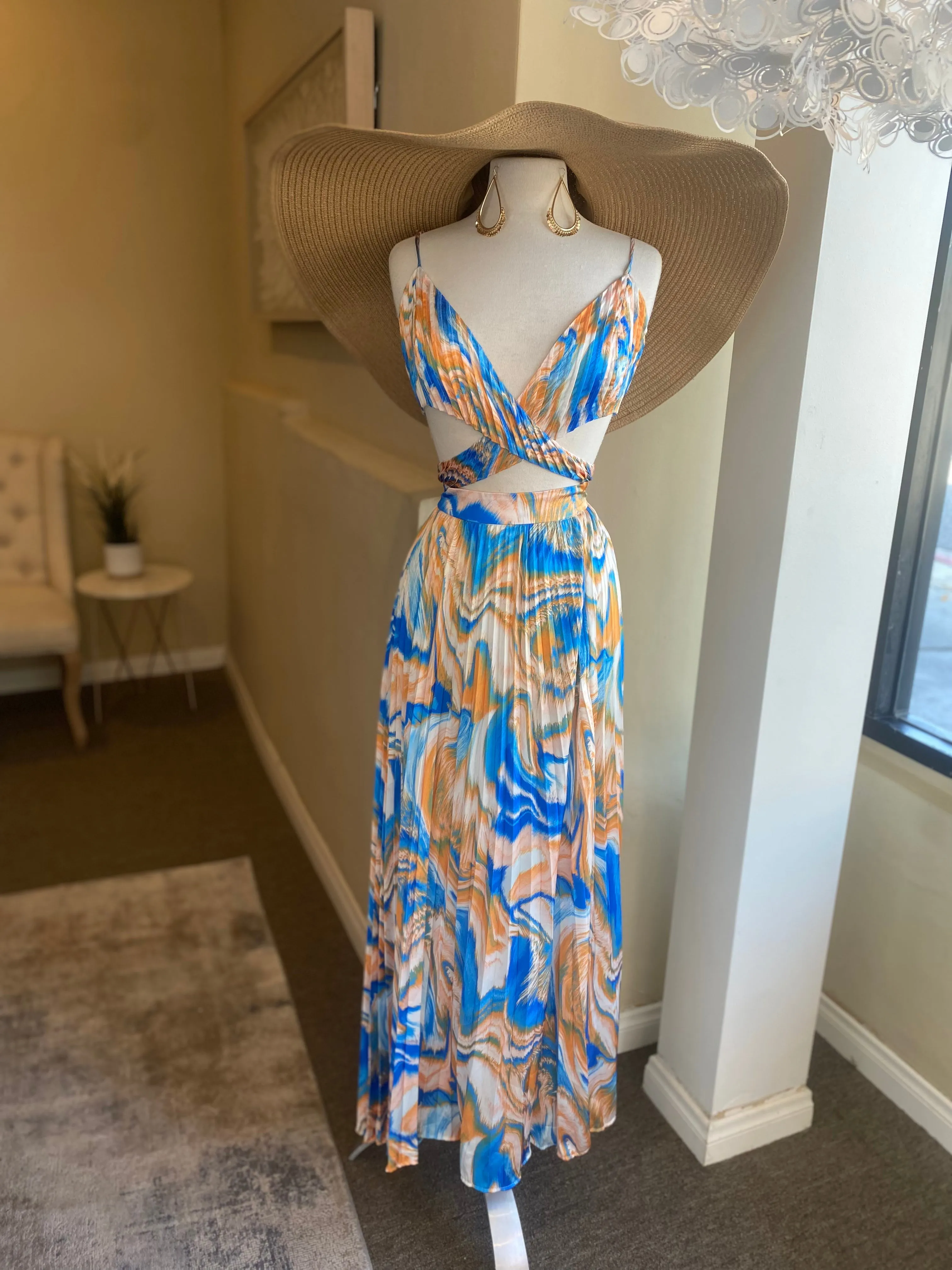 Thin Strap Printed Maxi Slit Dress