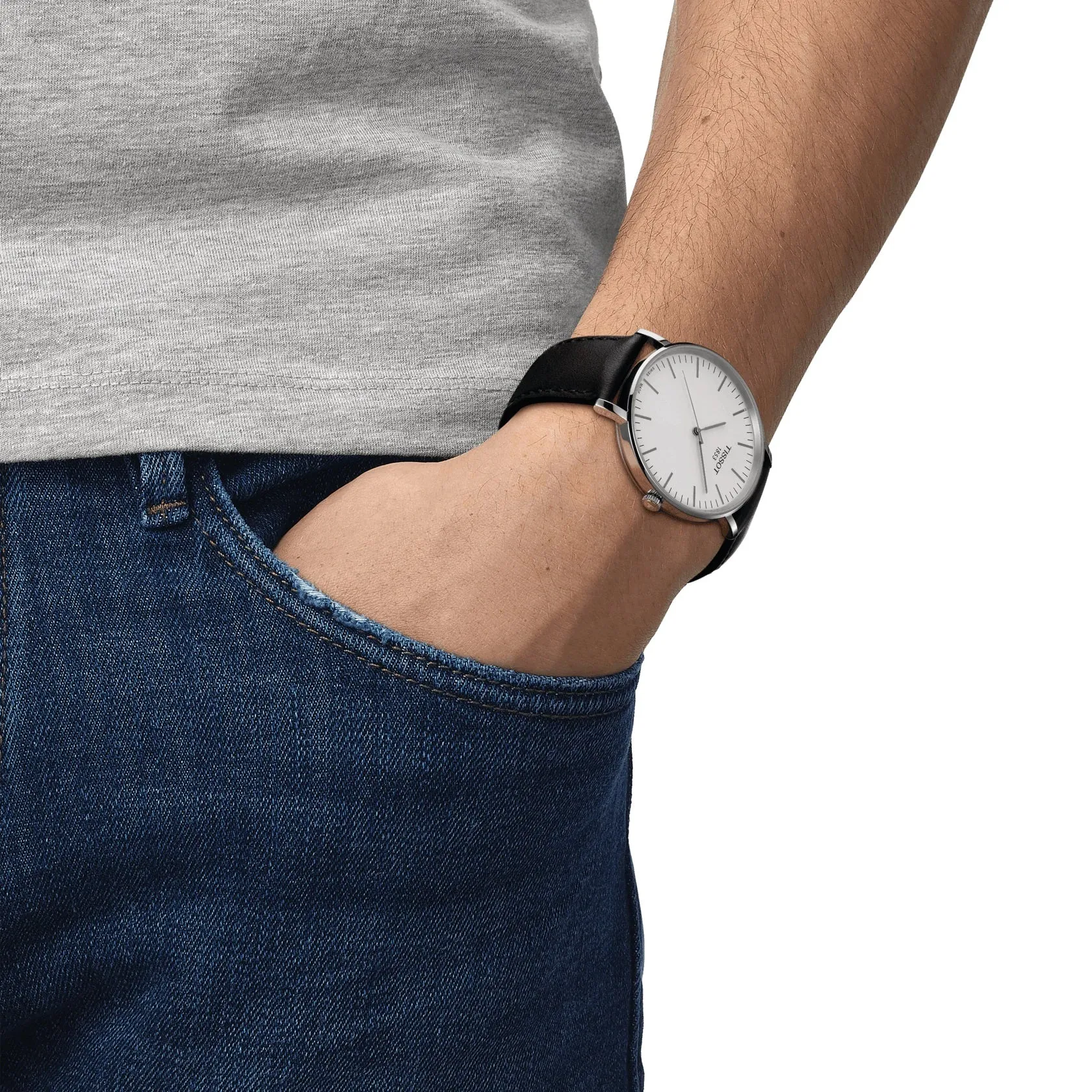 Tissot Everytime Large Mens Stainless Steel Black Leather Strap Watch