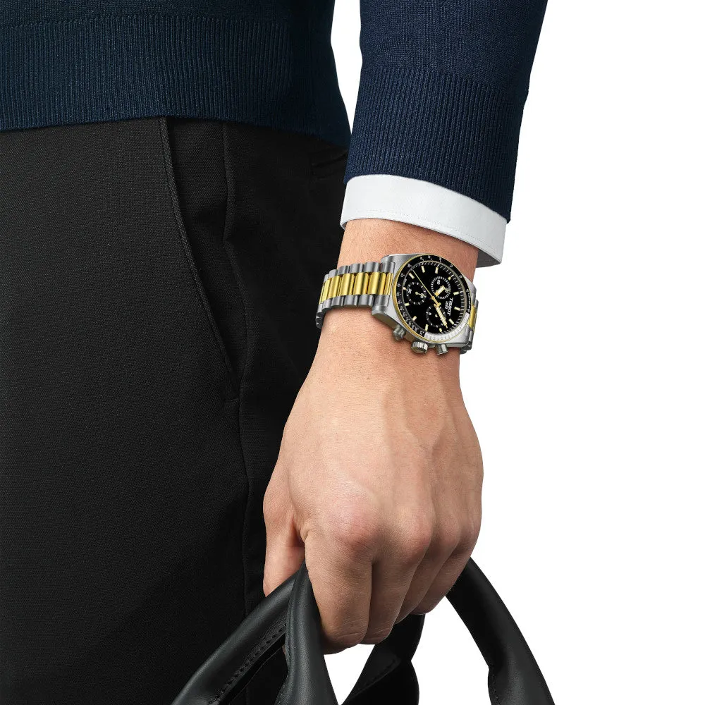 Tissot PR516 (40mm) Mens Two Tone Stainless Steel Chronograph Black Dial Watch