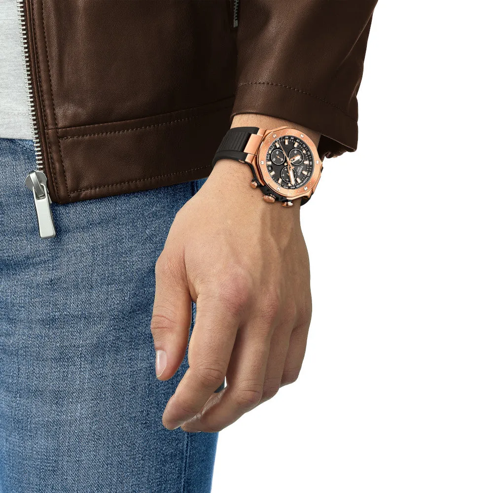 Tissot T-Race Chronograph Mens Rose Tone Black Dial Black Rubber Strap Watch