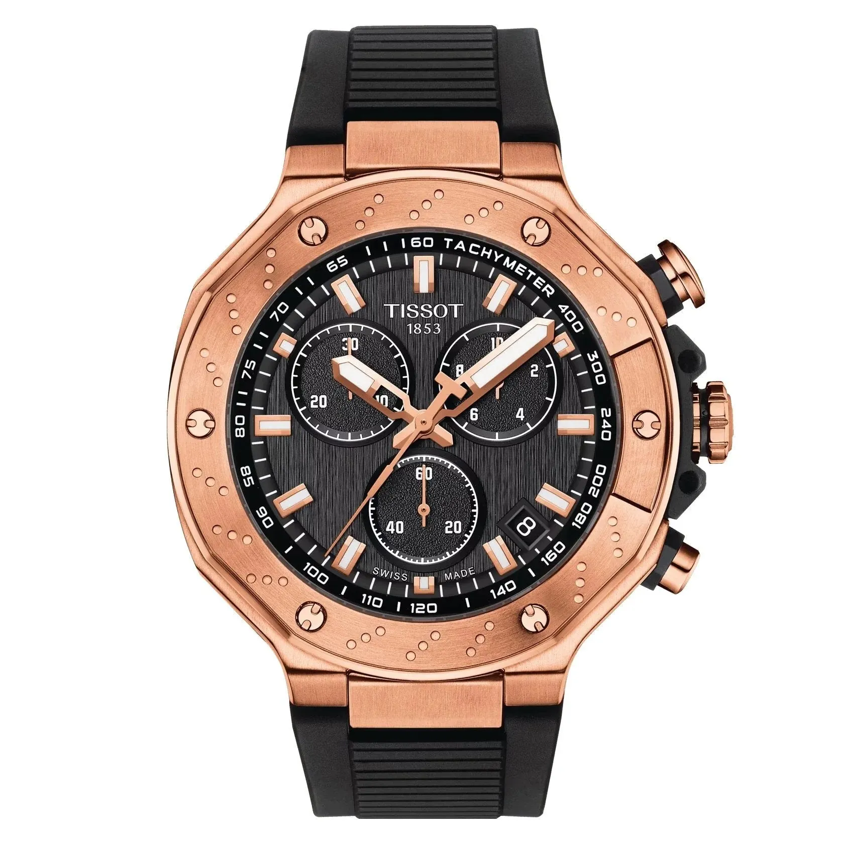 Tissot T-Race Chronograph Mens Rose Tone Black Dial Black Rubber Strap Watch