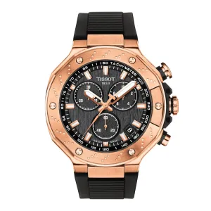 Tissot T-Race Chronograph Mens Rose Tone Black Dial Black Rubber Strap Watch
