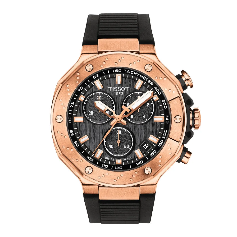 Tissot T-Race Chronograph Mens Rose Tone Black Dial Black Rubber Strap Watch