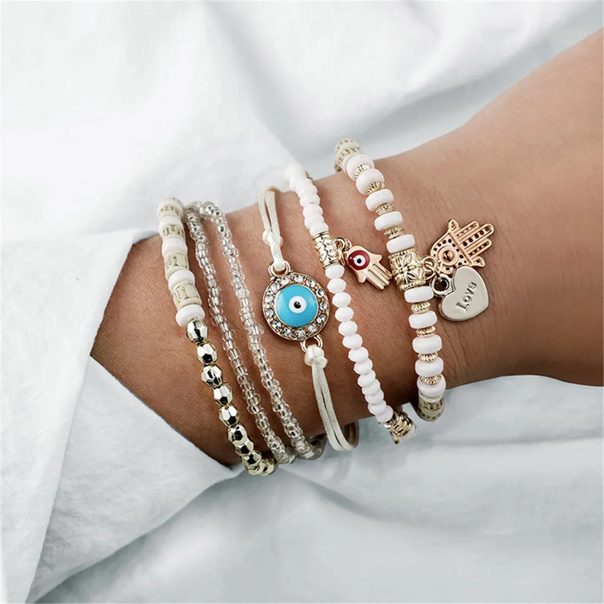 Turquoise & 18K Gold-Plated Hamsa Heart Bracelet Set