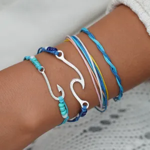Turquoise & Silver-Plated Fishing Hook Bracelet Set
