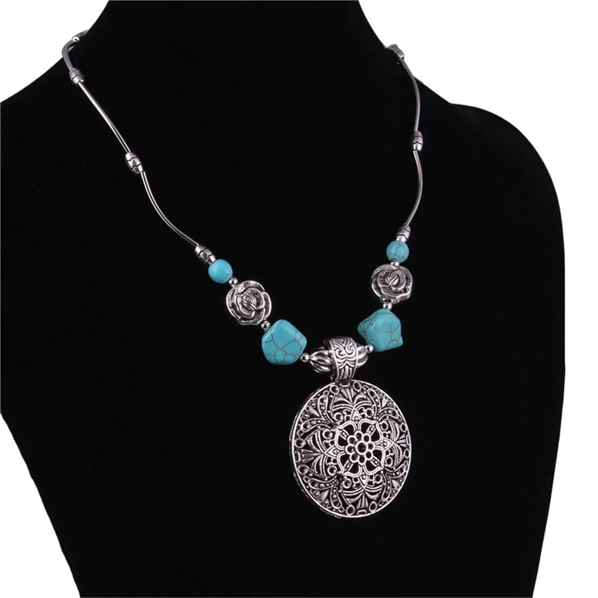 Turquoise & Silver-Plated Floral Plate Pendant Necklace