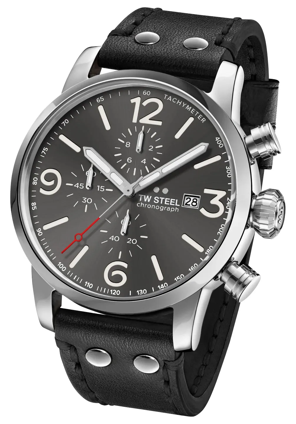 TW Steel Maverick Chronograph Stainless Steel Gray Dial Black Leather Strap Date Quartz Mens Watch MS93