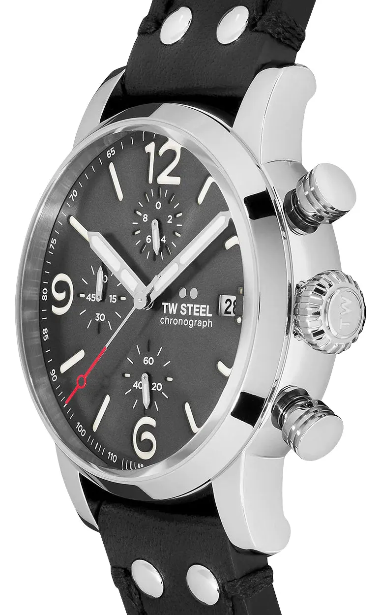 TW Steel Maverick Chronograph Stainless Steel Gray Dial Black Leather Strap Date Quartz Mens Watch MS93