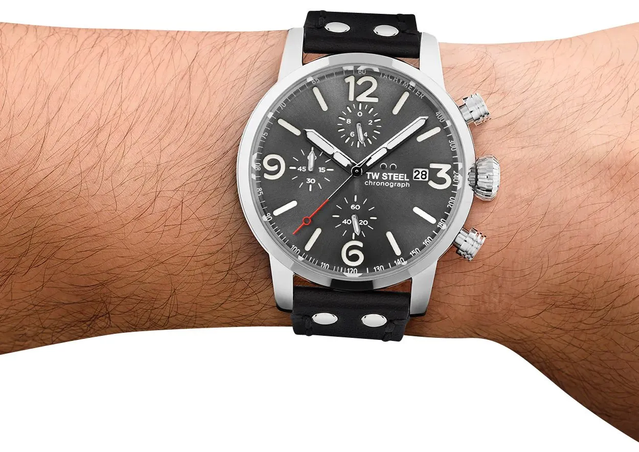 TW Steel Maverick Chronograph Stainless Steel Gray Dial Black Leather Strap Date Quartz Mens Watch MS93