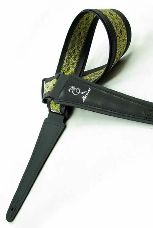 Vorson Black Leather Guitar Strap with Special Design 2 Fabric Inlay