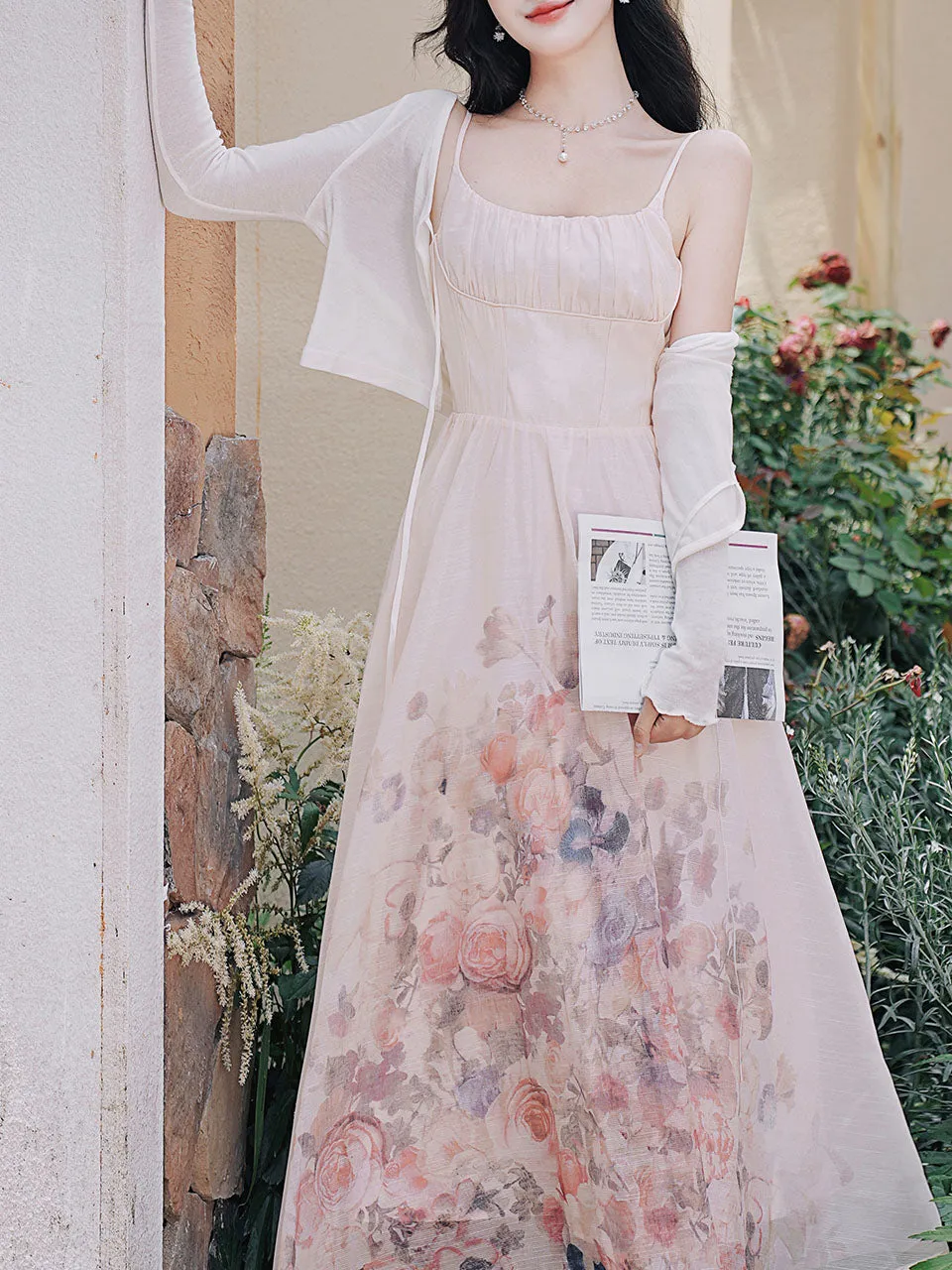 White U-neck Rose Print Vintage Swing Dress