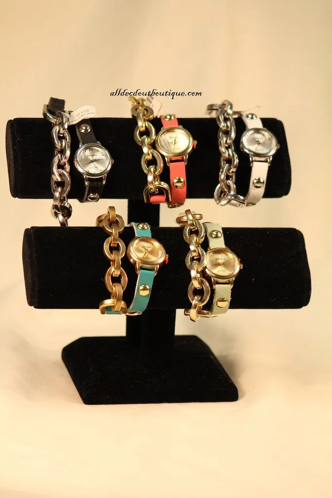 White/Gold, Gold Studs, Metal Chain Links | Leather Band w/ Fold Over Clasp
