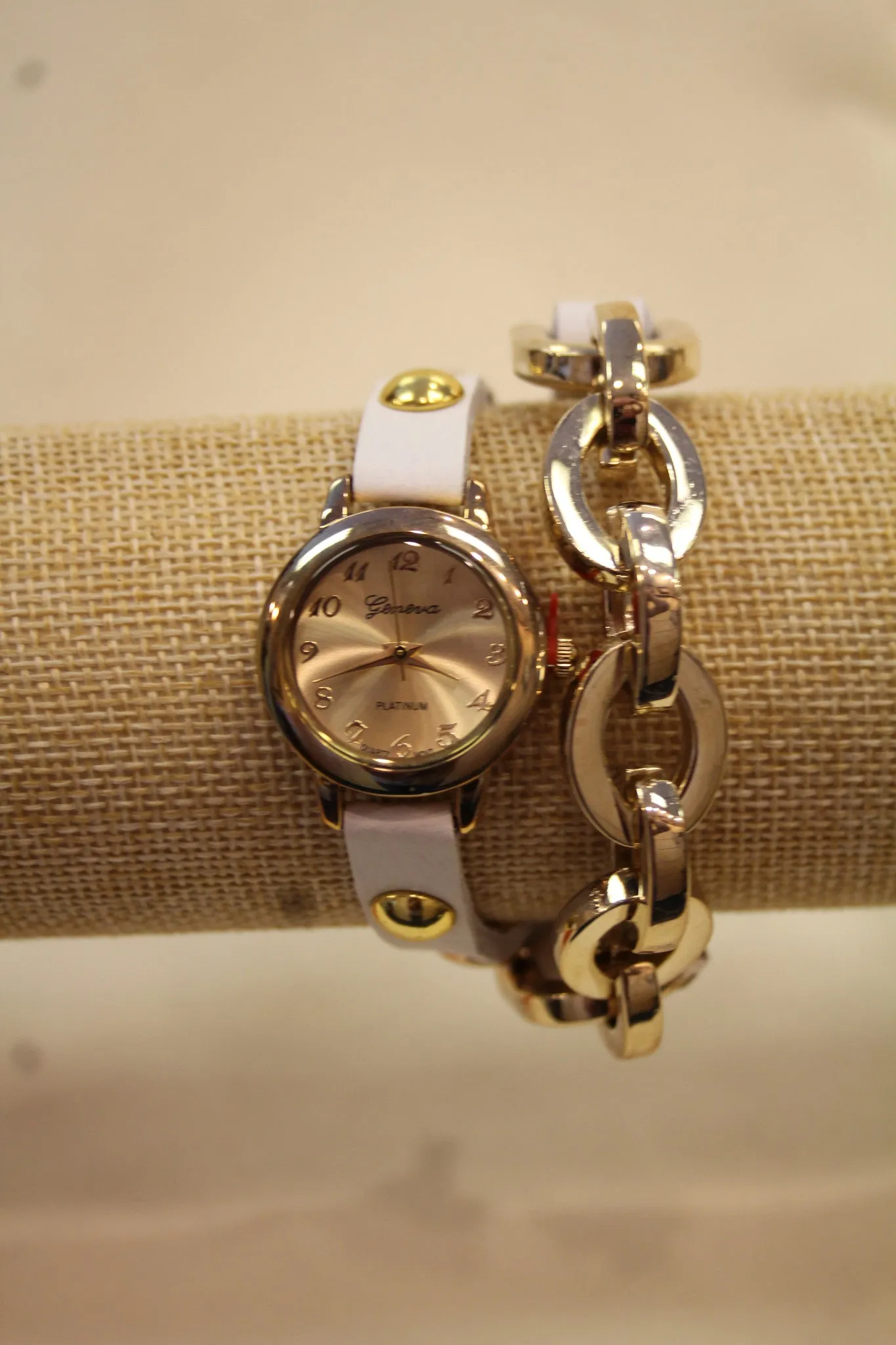 White/Gold, Gold Studs, Metal Chain Links | Leather Band w/ Fold Over Clasp