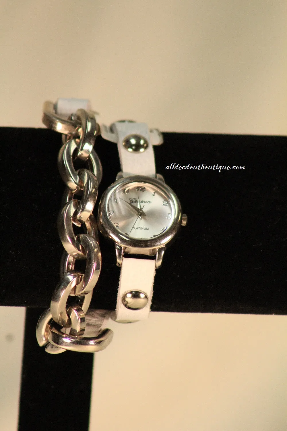 White/Silver, Silver Studs, Metal Chain Links | Leather Band w/ Fold Over Clasp