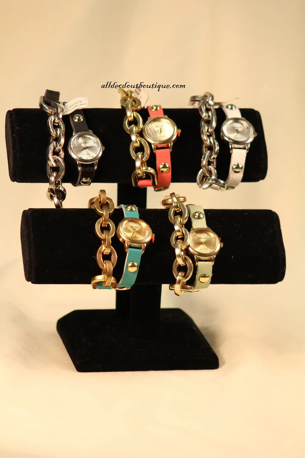 White/Silver, Silver Studs, Metal Chain Links | Leather Band w/ Fold Over Clasp