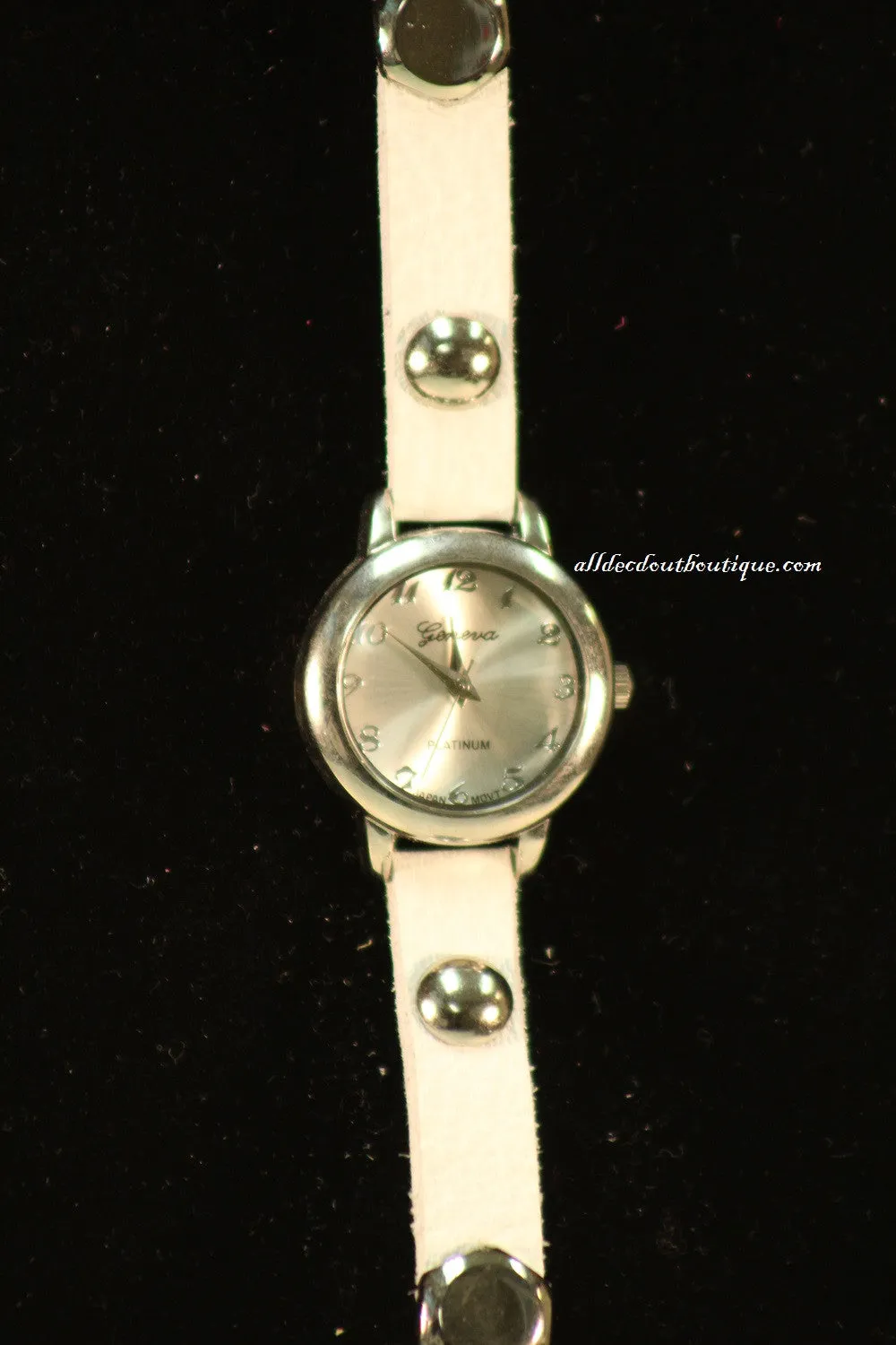 White/Silver, Silver Studs, Metal Chain Links | Leather Band w/ Fold Over Clasp